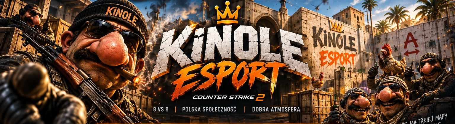 Operatorzy CS2 z ogromnymi kinolami, wielkie logo KINOLE ESPORT na tle mapy w stylu Dust2